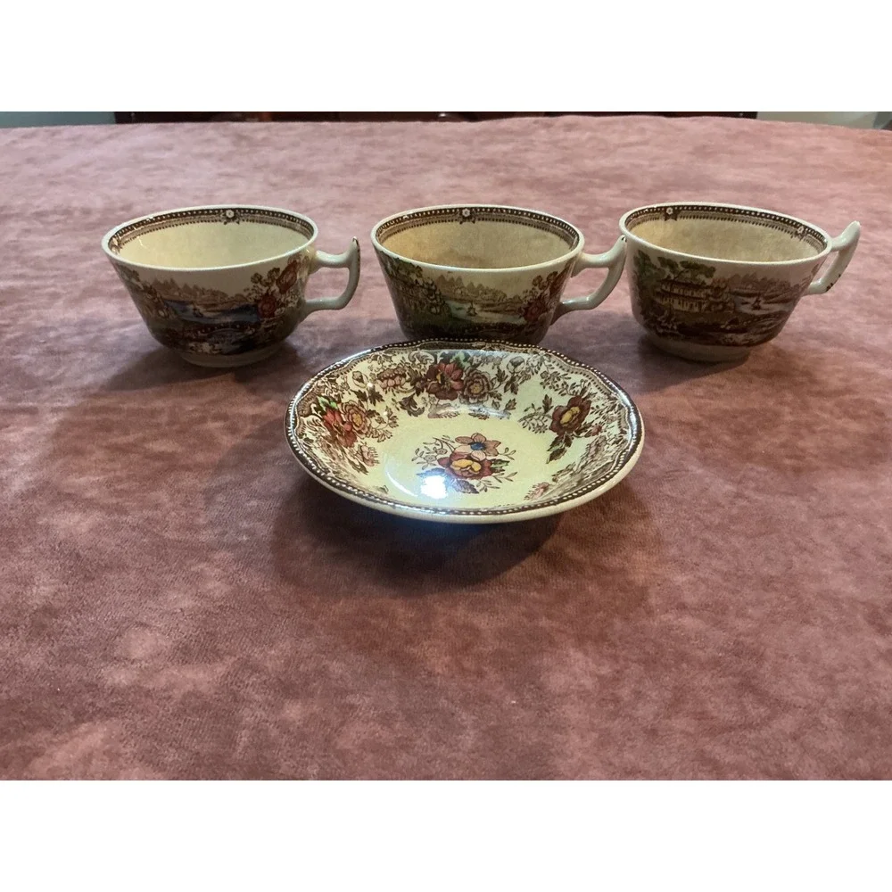 Vintage Brown Transferware Tea Cups and Saucer Set Pastoral Landscape 4 Piece